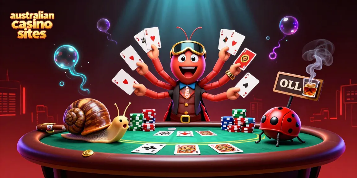 Experience thrilling action at australian casino sites with a whimsical dealer and vibrant poker elements.