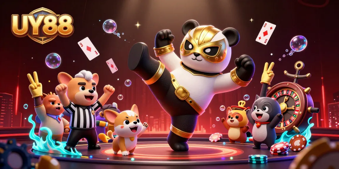 Engage with UY88 through a vibrant 3D illustration depicting a panda and chihuahua in a lively casino environment.