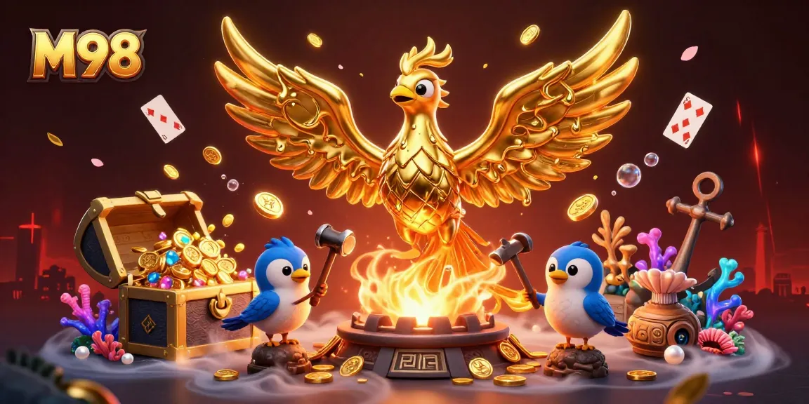 M98 casino scene with a golden phoenix, coins, playing cards, and underwater treasure elements.