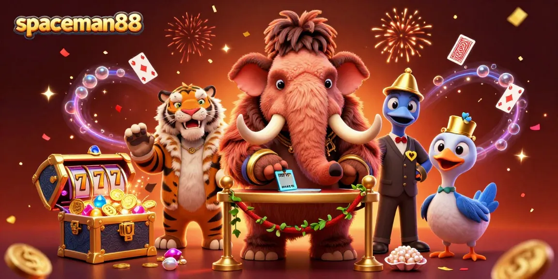 Spin big wins with spaceman88 as you watch a woolly mammoth bouncer welcoming VIP guests to a vibrant casino.
