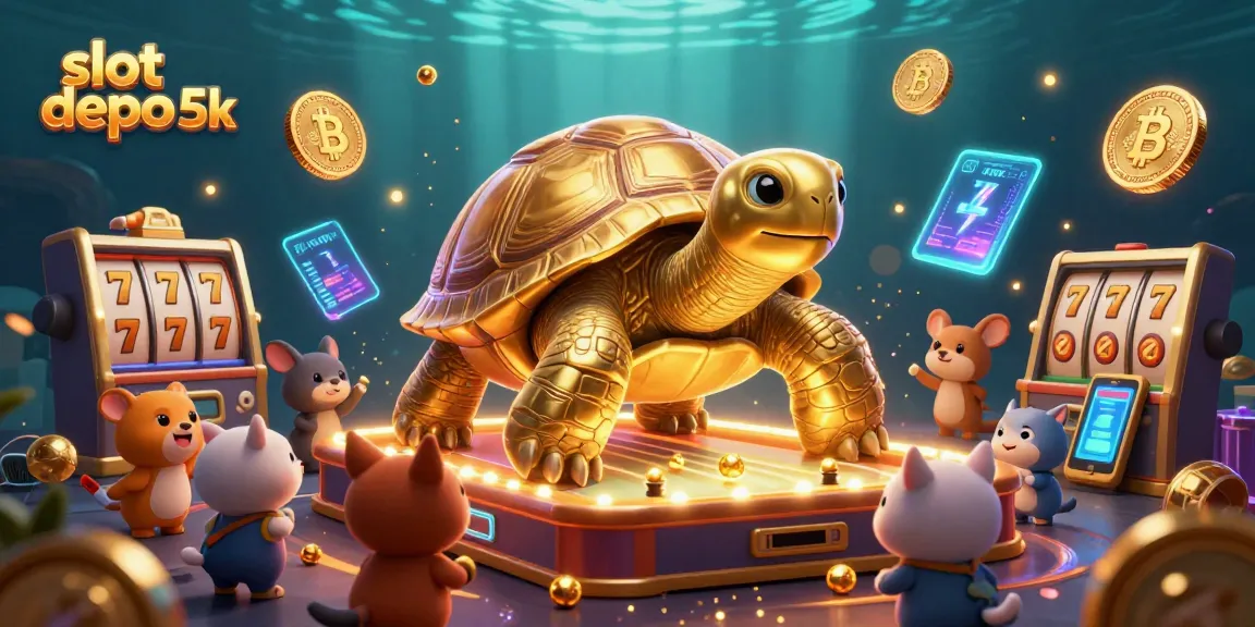 Spin to win at slot depo 5k with a golden tortoise and vibrant slot elements in this exciting illustration.