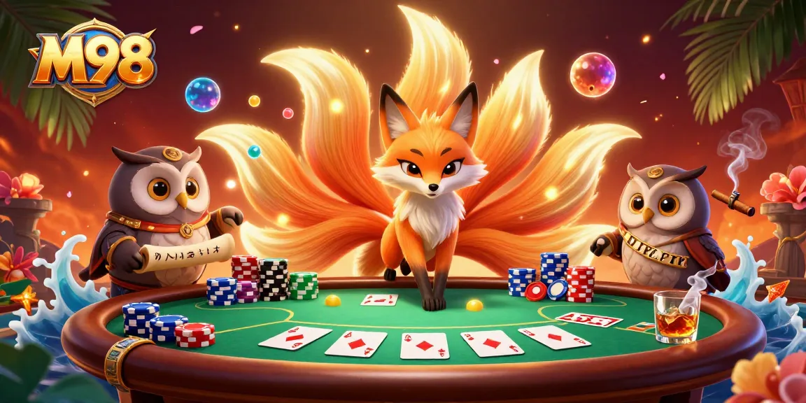 Experience M98's vibrant atmosphere with a glowing nine-tailed fox and wise owl at a lively poker table.