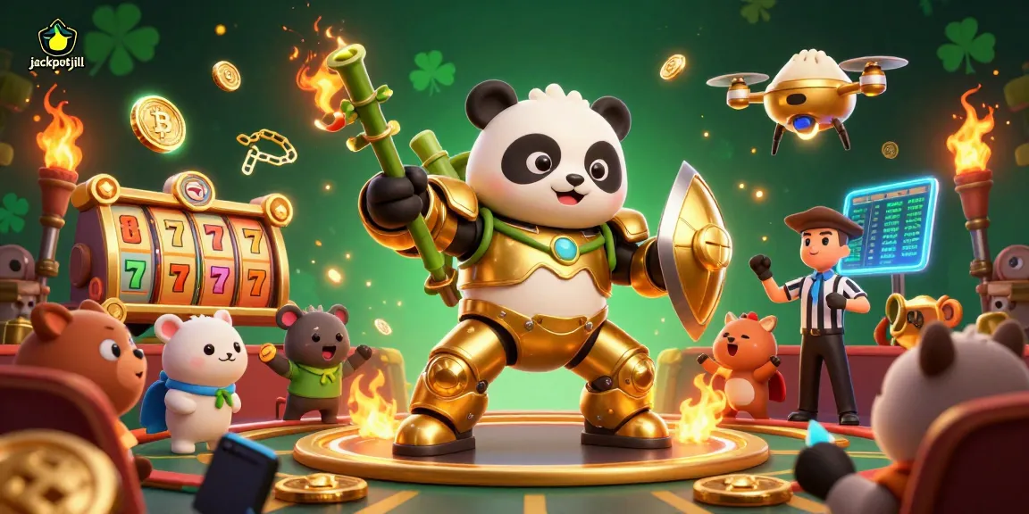 Engage with jackpotjill in a colorful 3D casino scene featuring a mech-suit panda and crypto elements.