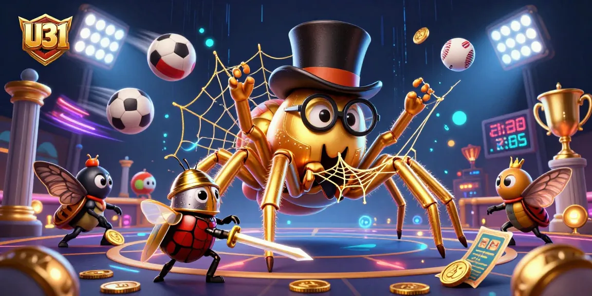 U31's vibrant 3D casino scene showcases a golden tarantula crafting a web, amid dynamic sports elements.