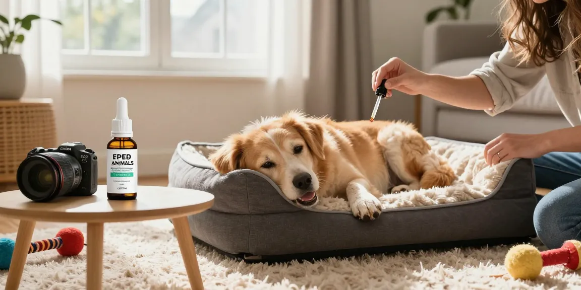 Shop CBD oil for dogs Canada in a cozy home setting with a happy dog and loving owner.