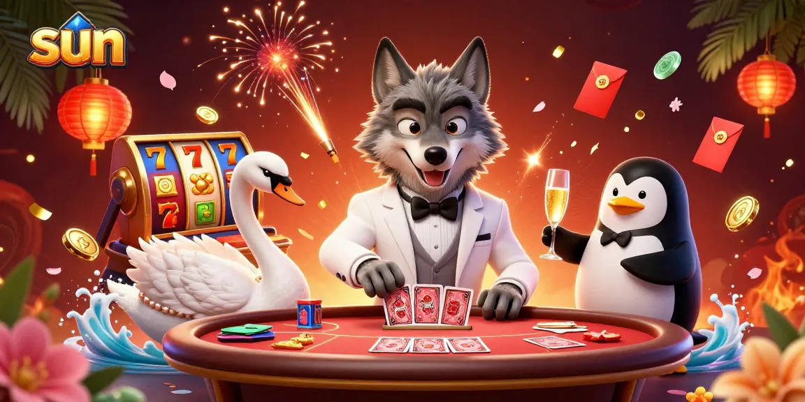 Spin to win at Sun's vibrant slot machines with a debonair wolf and stunning characters.